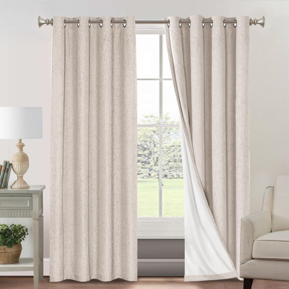 PrinceDeco Natural Linen Curtains 100% Blackout Linen Curtains for Bedroom Full Blackout Curtains 84 Inches Long Living Room Thermal Insulated Light Blocking Curtain Drapes White Backing, 2 Panels