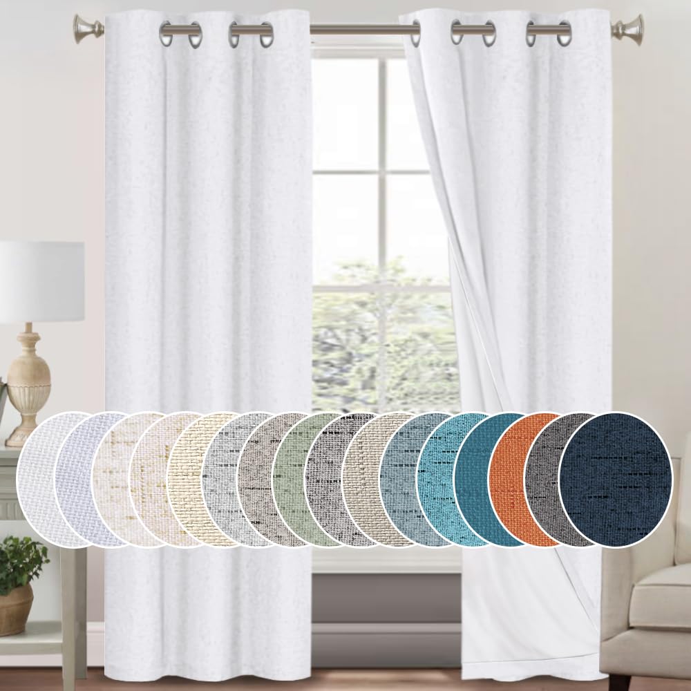 PrinceDeco Natural Linen Curtains 100% Blackout Linen Curtains for Bedroom Full Blackout Curtains 84 Inches Long Living Room Thermal Insulated Light Blocking Curtain Drapes White Backing, 2 Panels
