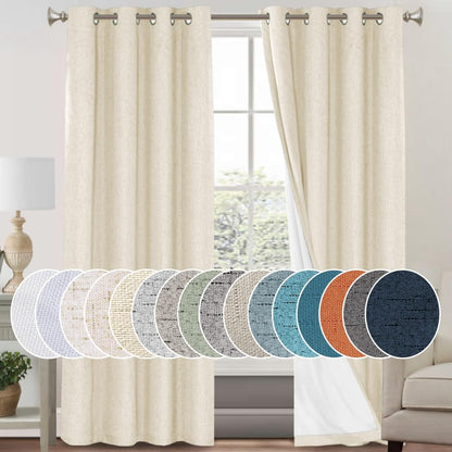 PrinceDeco Natural Linen Curtains 100% Blackout Linen Curtains for Bedroom Full Blackout Curtains 84 Inches Long Living Room Thermal Insulated Light Blocking Curtain Drapes White Backing, 2 Panels