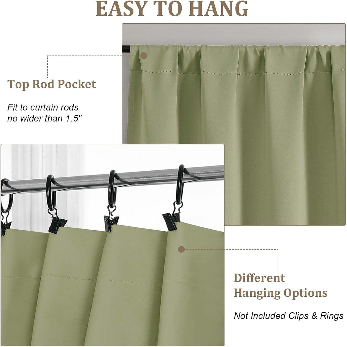 Lecloud Sage Green Room Darkening Curtains 54 Inch Length 2 Panels, Window Curtains for Bedroom, Energy Thermal Insulating Rod Pocket Curtain Drapes for Small Window, 40" W x 54" L