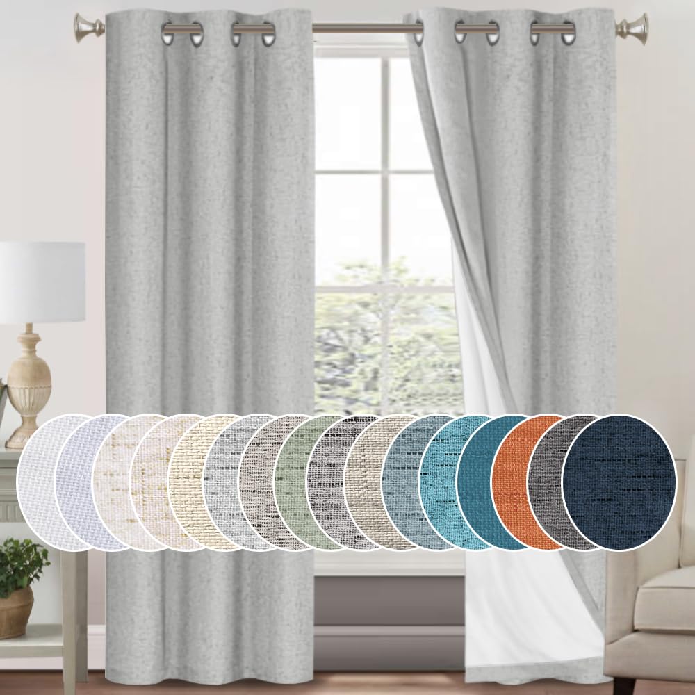 PrinceDeco Natural Linen Curtains 100% Blackout Linen Curtains for Bedroom Full Blackout Curtains 84 Inches Long Living Room Thermal Insulated Light Blocking Curtain Drapes White Backing, 2 Panels