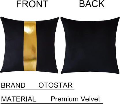 Artscope Black Velvet Throw Pillow Covers with Gold Leather Stitching Luxury Modern Minimalist Square Pillowcase Cushion Covers for Bed Couch Sofa 18x18Inch Set of 2