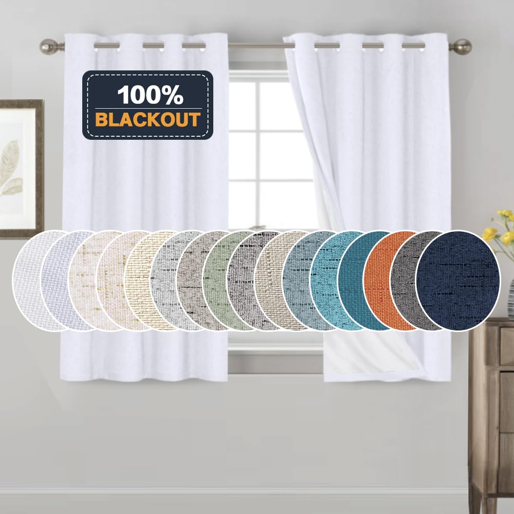 PrinceDeco Natural Linen Curtains 100% Blackout Linen Curtains for Bedroom Full Blackout Curtains 84 Inches Long Living Room Thermal Insulated Light Blocking Curtain Drapes White Backing, 2 Panels
