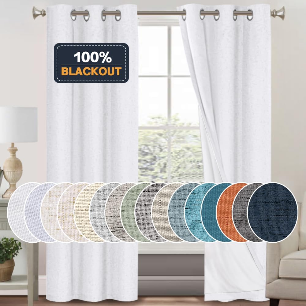 PrinceDeco Natural Linen Curtains 100% Blackout Linen Curtains for Bedroom Full Blackout Curtains 84 Inches Long Living Room Thermal Insulated Light Blocking Curtain Drapes White Backing, 2 Panels