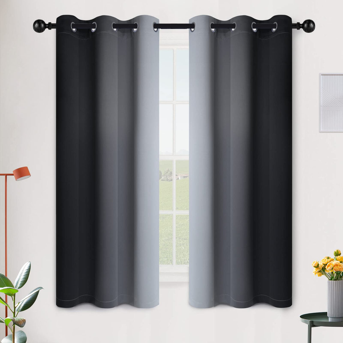 SimpleHome Ombre Black to Grey White Curtains for Living Room 52Wx84L