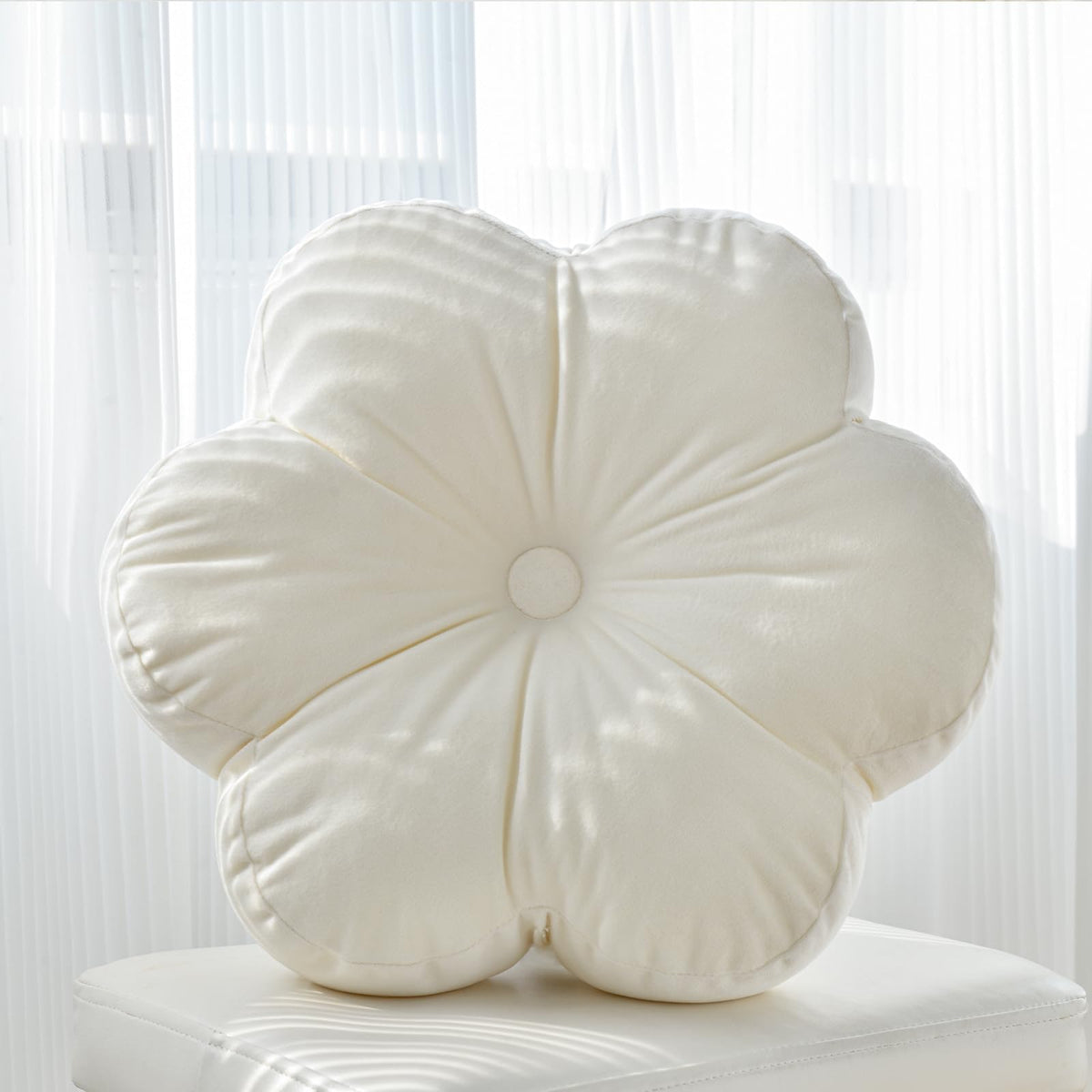 Flower Shaped Round Throw Pillow, Decorative Seat Cushion, 15", Ivory White