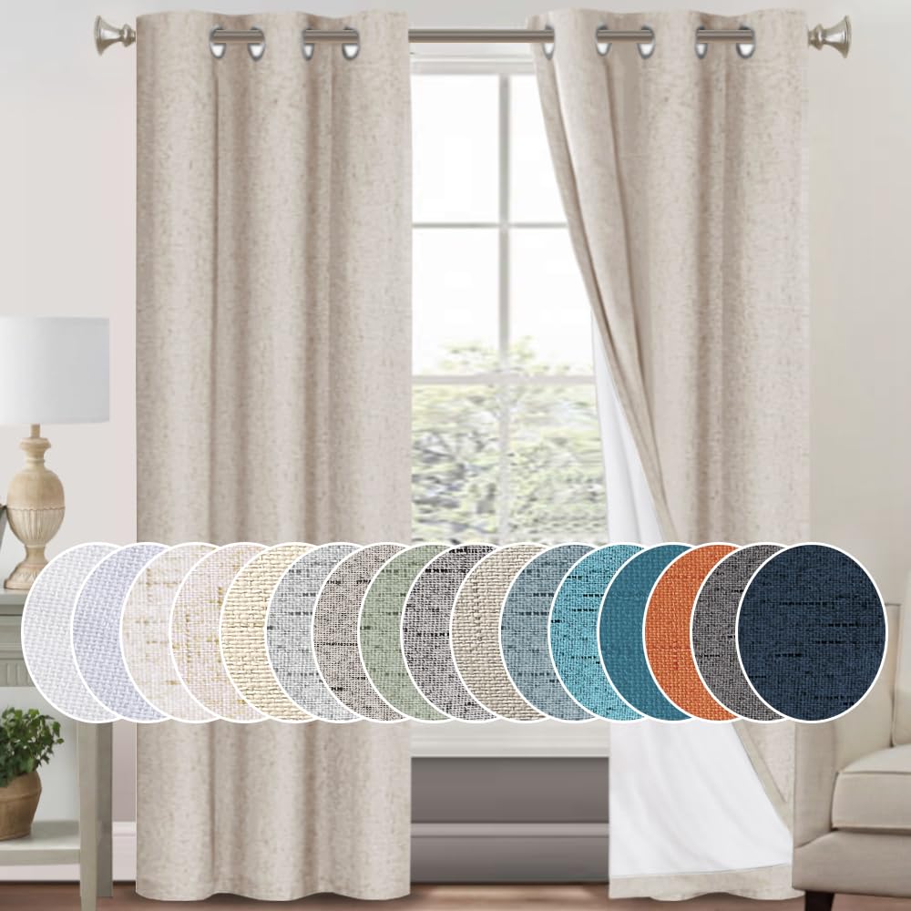 PrinceDeco Natural Linen Curtains 100% Blackout Linen Curtains for Bedroom Full Blackout Curtains 84 Inches Long Living Room Thermal Insulated Light Blocking Curtain Drapes White Backing, 2 Panels
