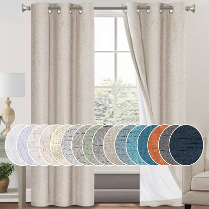 PrinceDeco Natural Linen Curtains 100% Blackout Linen Curtains for Bedroom Full Blackout Curtains 84 Inches Long Living Room Thermal Insulated Light Blocking Curtain Drapes White Backing, 2 Panels