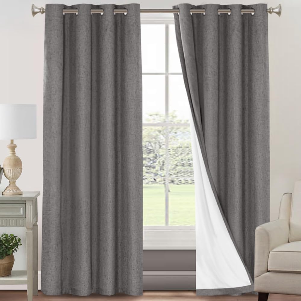 PrinceDeco Natural Linen Curtains 100% Blackout Linen Curtains for Bedroom Full Blackout Curtains 84 Inches Long Living Room Thermal Insulated Light Blocking Curtain Drapes White Backing, 2 Panels