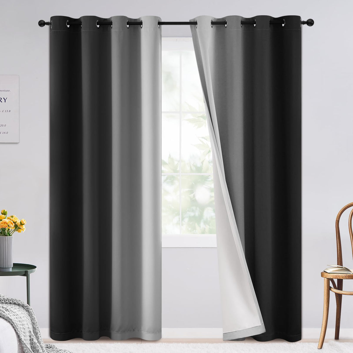 SimpleHome Ombre Black to Grey White Curtains for Living Room 52Wx84L