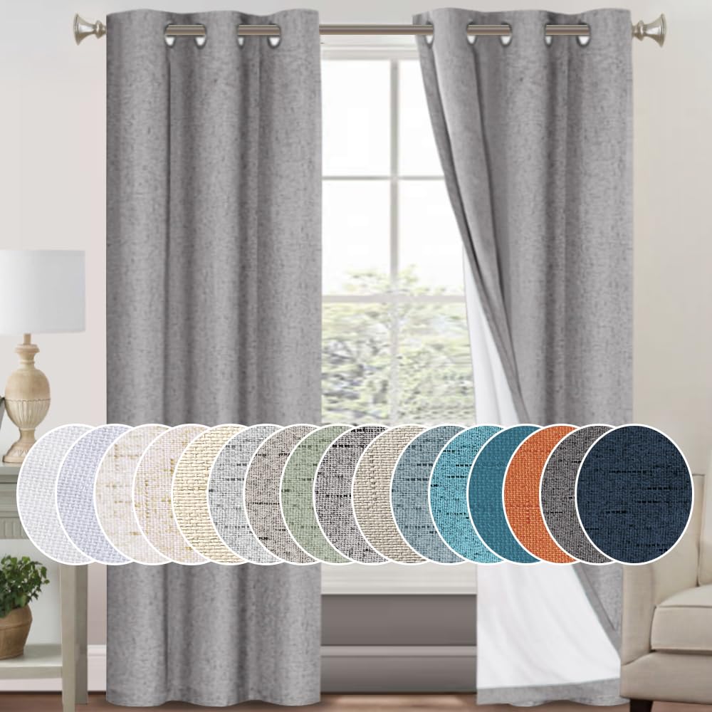 PrinceDeco Natural Linen Curtains 100% Blackout Linen Curtains for Bedroom Full Blackout Curtains 84 Inches Long Living Room Thermal Insulated Light Blocking Curtain Drapes White Backing, 2 Panels