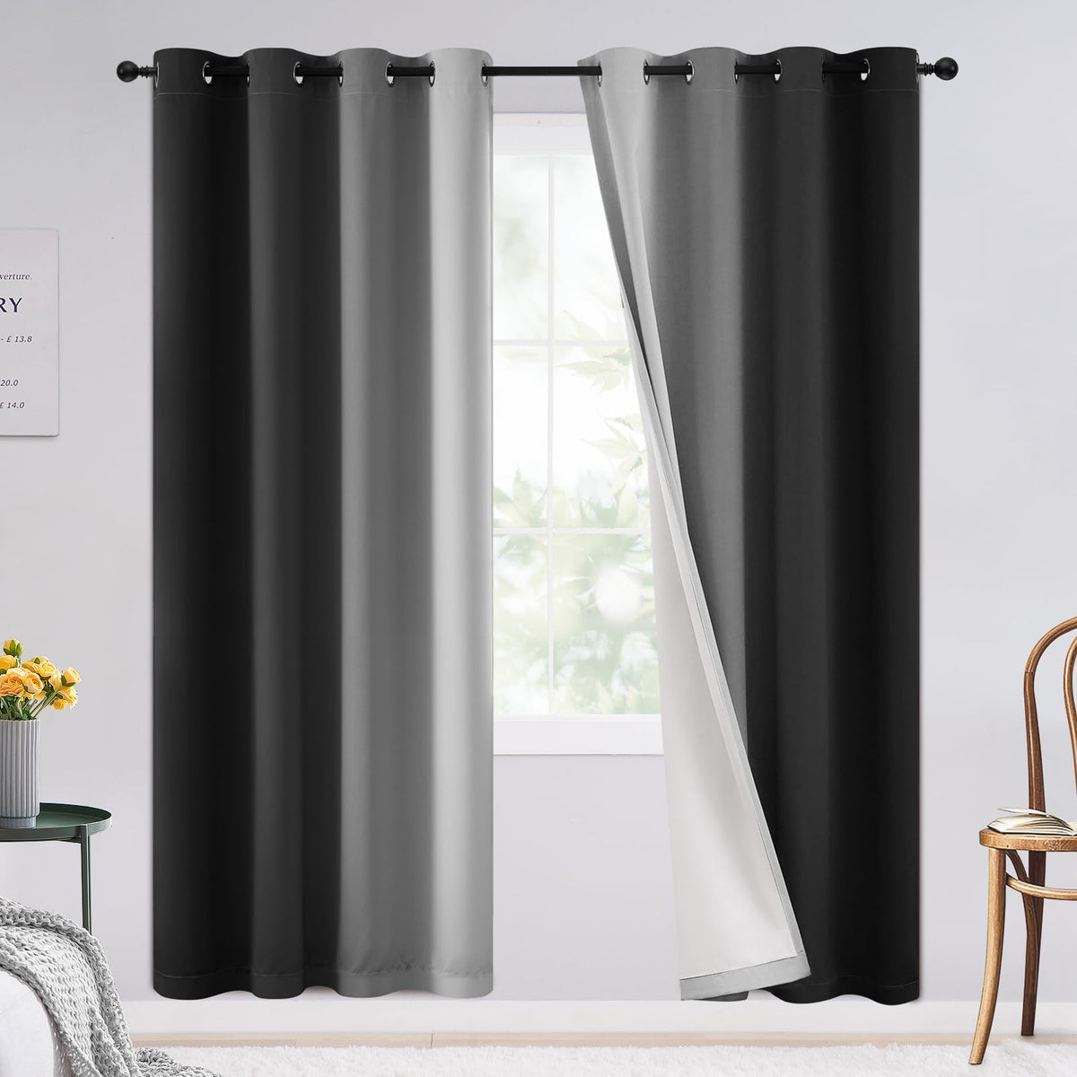 SimpleHome Ombre Black to Grey White Curtains for Living Room 52Wx84L