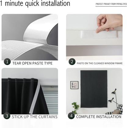 Adhesive Blackout Curtains- Self Stick Shades Window Blinds Curtains No Rod Needed Easy to Hang Curtains, Use for Bedroom, Living Room, Dining Room, Kitchen, Home Office, 35"W X 59"L, Black, 1 Panel