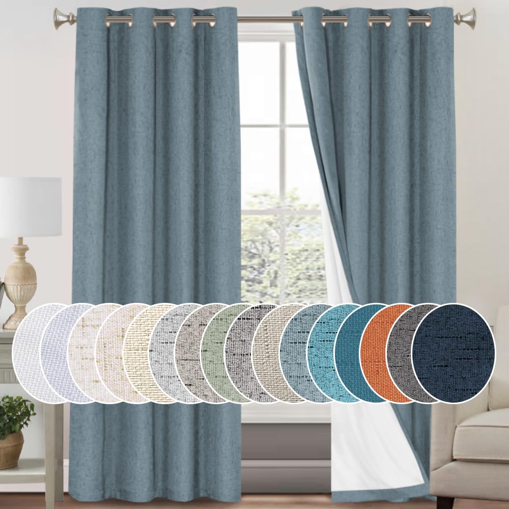 PrinceDeco Natural Linen Curtains 100% Blackout Linen Curtains for Bedroom Full Blackout Curtains 84 Inches Long Living Room Thermal Insulated Light Blocking Curtain Drapes White Backing, 2 Panels