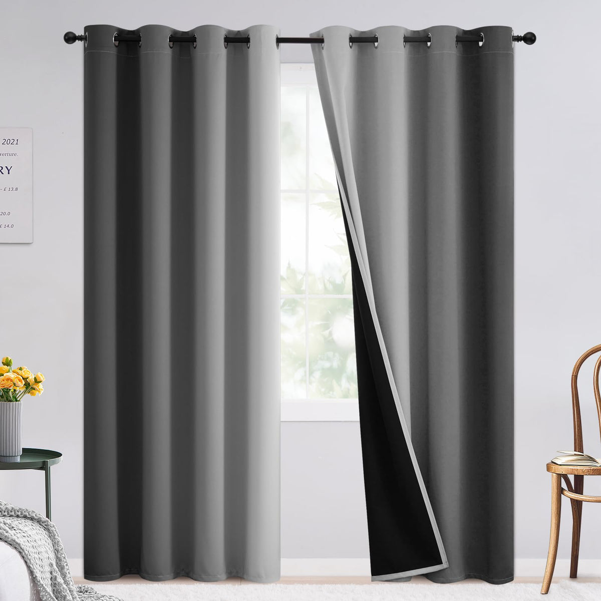 SimpleHome Ombre Black to Grey White Curtains for Living Room 52Wx84L