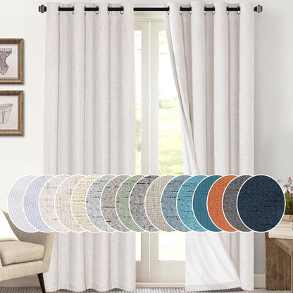 PrinceDeco Natural Linen Curtains 100% Blackout Linen Curtains for Bedroom Full Blackout Curtains 84 Inches Long Living Room Thermal Insulated Light Blocking Curtain Drapes White Backing, 2 Panels