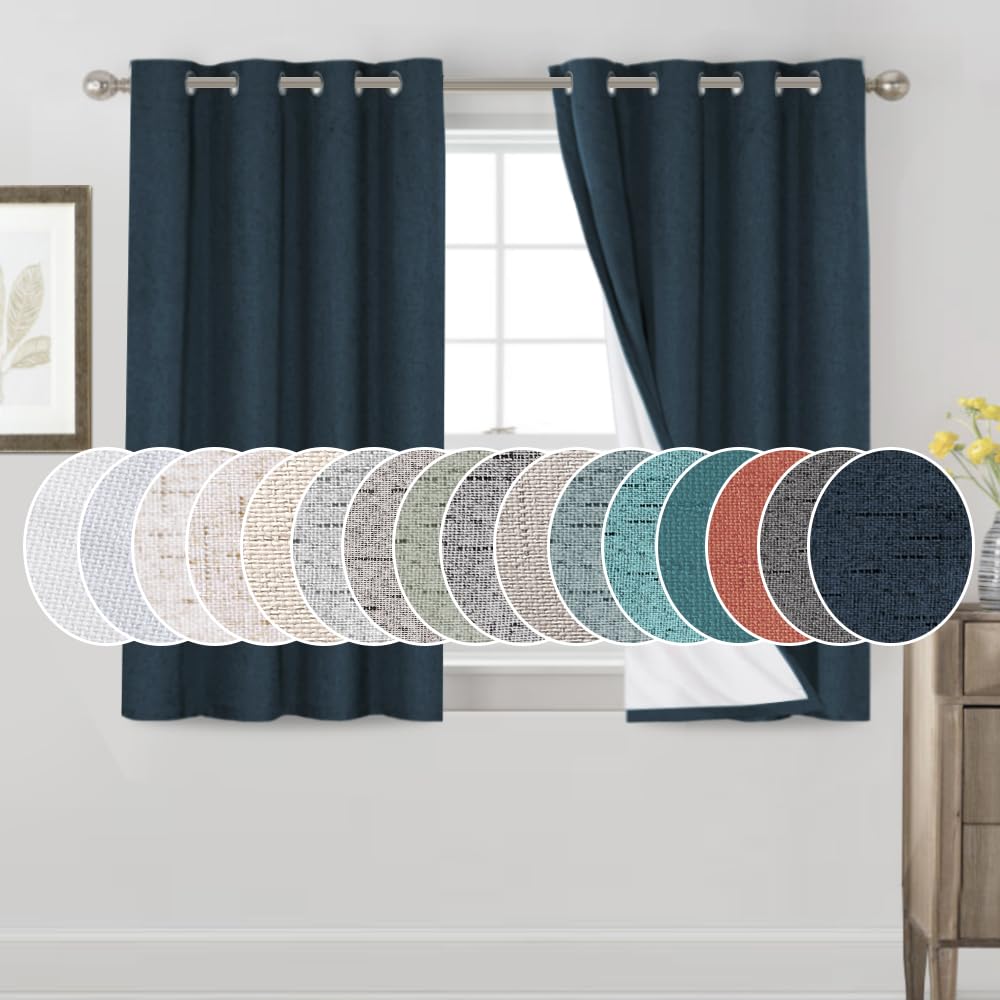 PrinceDeco Natural Linen Curtains 100% Blackout Linen Curtains for Bedroom Full Blackout Curtains 84 Inches Long Living Room Thermal Insulated Light Blocking Curtain Drapes White Backing, 2 Panels