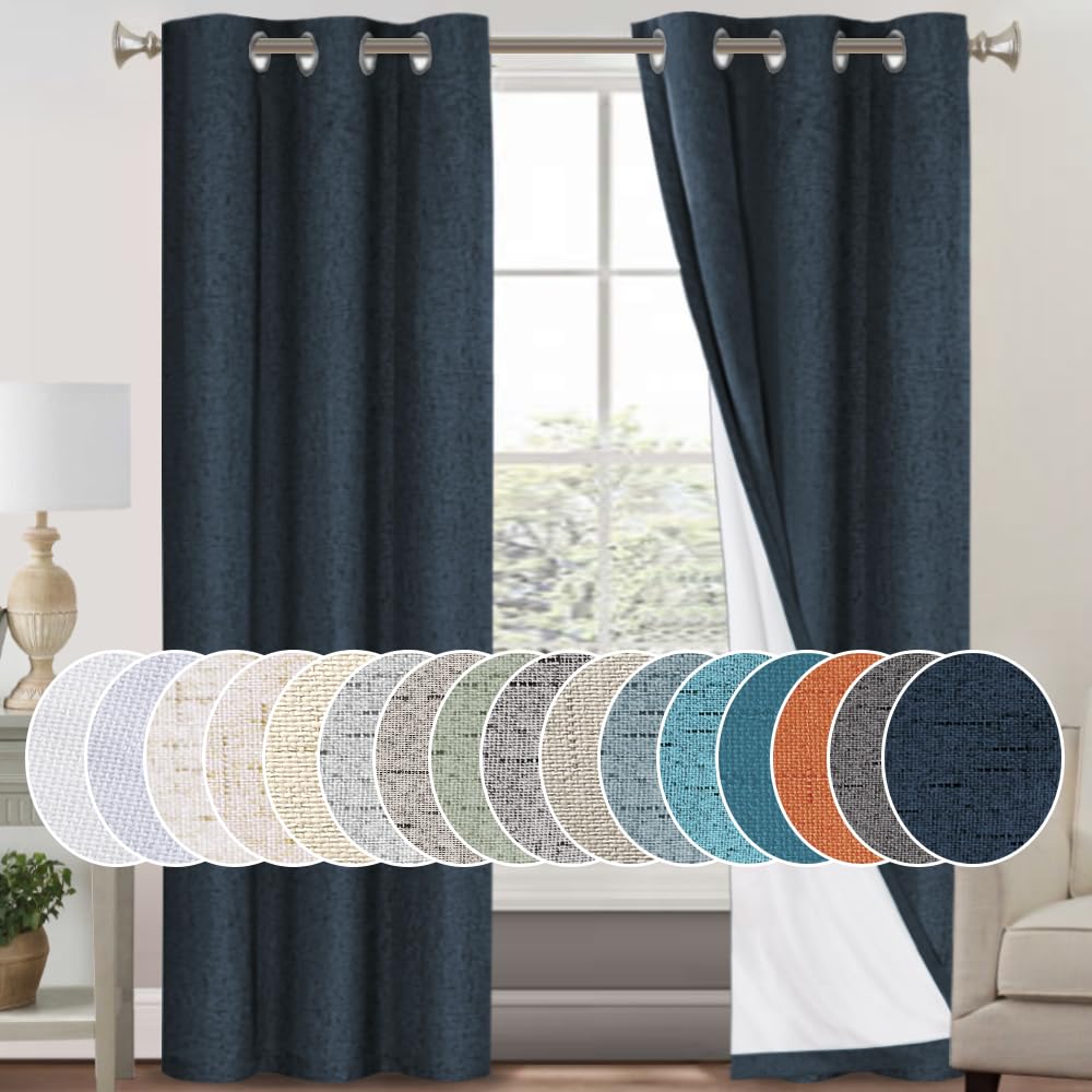PrinceDeco Natural Linen Curtains 100% Blackout Linen Curtains for Bedroom Full Blackout Curtains 84 Inches Long Living Room Thermal Insulated Light Blocking Curtain Drapes White Backing, 2 Panels