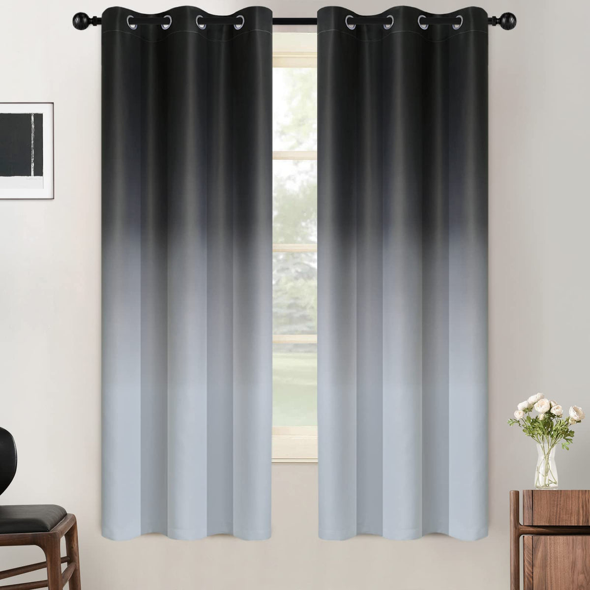 SimpleHome Ombre Black to Grey White Curtains for Living Room 52Wx84L