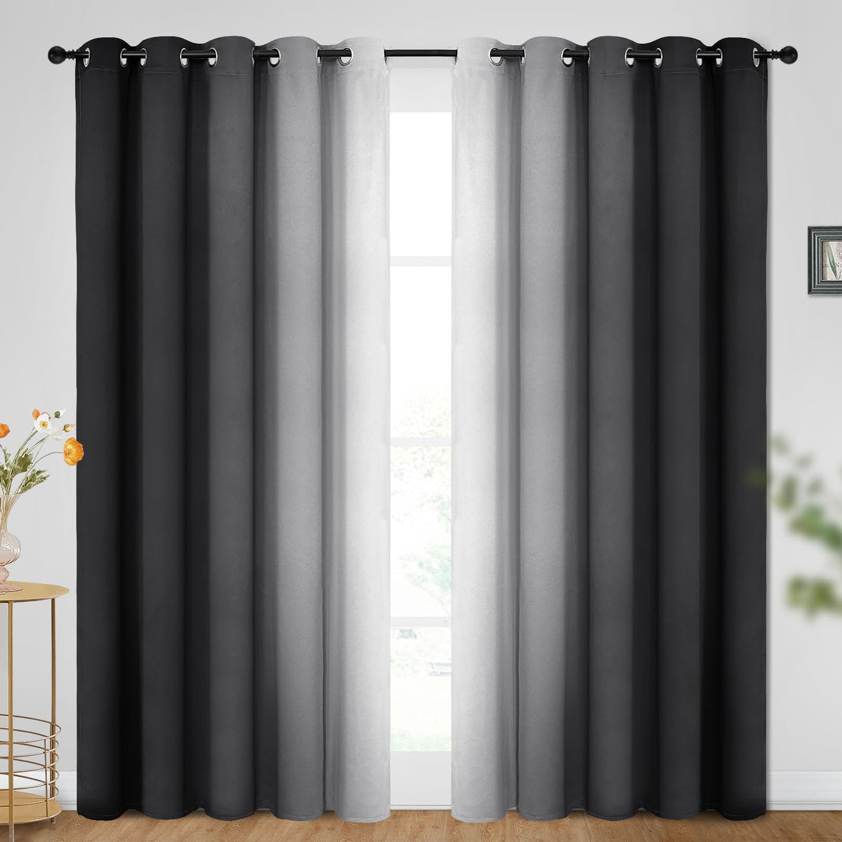 SimpleHome Ombre Black to Grey White Curtains for Living Room 52Wx84L