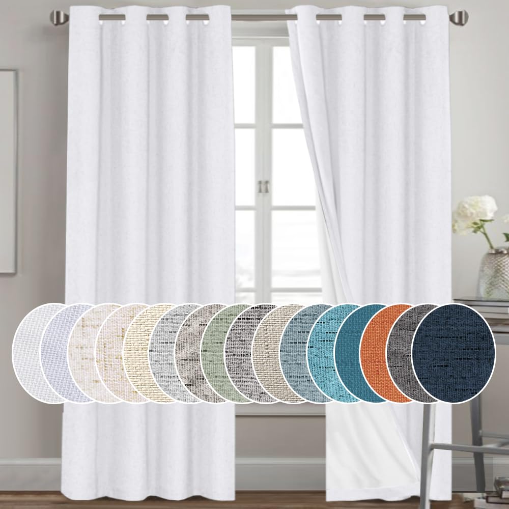 PrinceDeco Natural Linen Curtains 100% Blackout Linen Curtains for Bedroom Full Blackout Curtains 84 Inches Long Living Room Thermal Insulated Light Blocking Curtain Drapes White Backing, 2 Panels