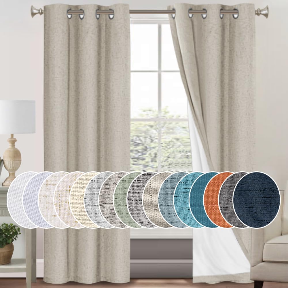PrinceDeco Natural Linen Curtains 100% Blackout Linen Curtains for Bedroom Full Blackout Curtains 84 Inches Long Living Room Thermal Insulated Light Blocking Curtain Drapes White Backing, 2 Panels