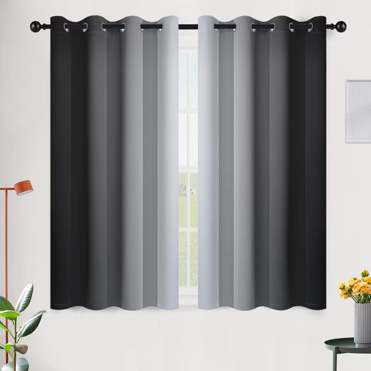 SimpleHome Ombre Black to Grey White Curtains for Living Room 52Wx84L