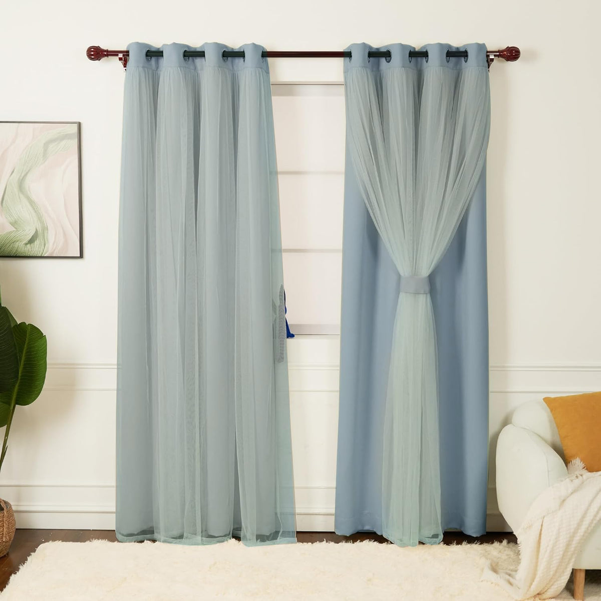 INLINAS Blackout Curtains with Sheer Overlay, Beige, 52x84 Inches