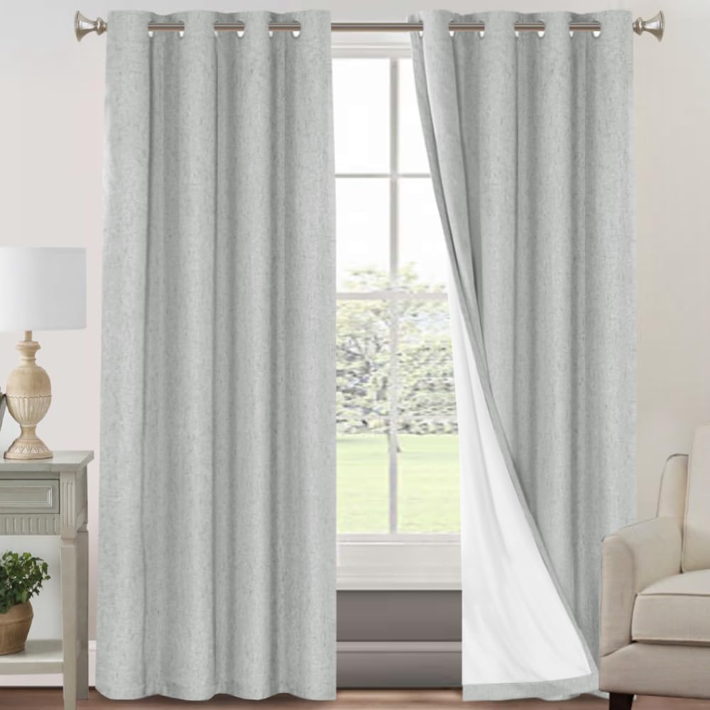 PrinceDeco Natural Linen Curtains 100% Blackout Linen Curtains for Bedroom Full Blackout Curtains 84 Inches Long Living Room Thermal Insulated Light Blocking Curtain Drapes White Backing, 2 Panels