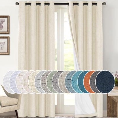 PrinceDeco Natural Linen Curtains 100% Blackout Linen Curtains for Bedroom Full Blackout Curtains 84 Inches Long Living Room Thermal Insulated Light Blocking Curtain Drapes White Backing, 2 Panels