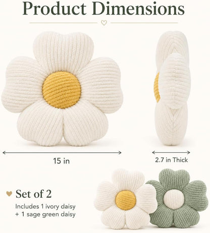 2 Pcs Flower Pillow, 15''Soft Cute Daisy Decorative Pillows Floor Seating Cushion for Bed Couch Bedroom Room Dorm Home Decor & Gift (Sage Green & Ivory)