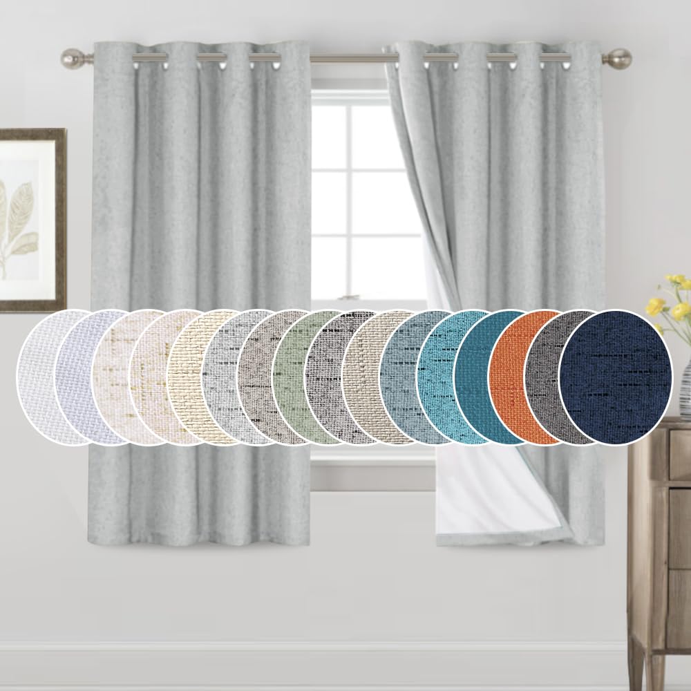 PrinceDeco Natural Linen Curtains 100% Blackout Linen Curtains for Bedroom Full Blackout Curtains 84 Inches Long Living Room Thermal Insulated Light Blocking Curtain Drapes White Backing, 2 Panels