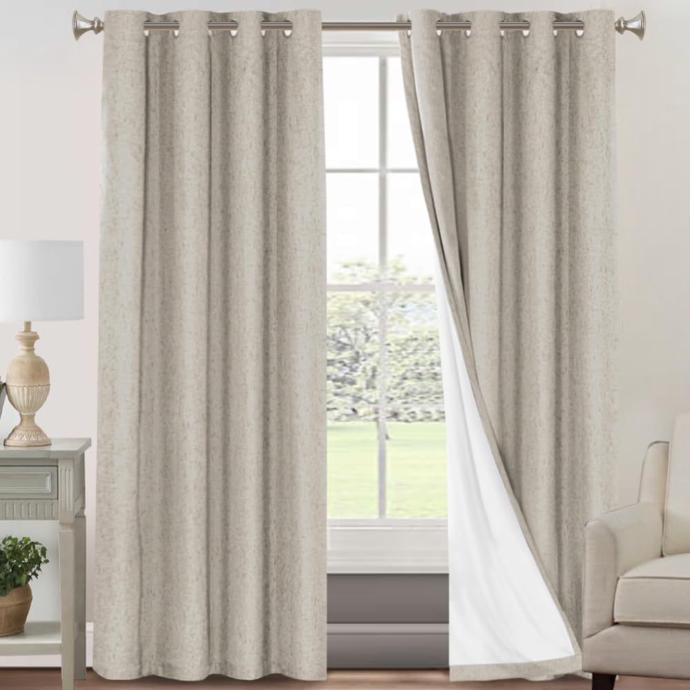 PrinceDeco Natural Linen Curtains 100% Blackout Linen Curtains for Bedroom Full Blackout Curtains 84 Inches Long Living Room Thermal Insulated Light Blocking Curtain Drapes White Backing, 2 Panels