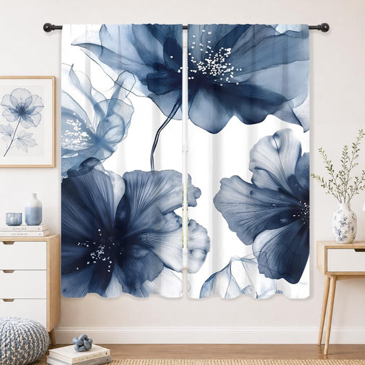 Navy Blue Floral Abstract Modern Dark Living Room Bedroom Window Curtains