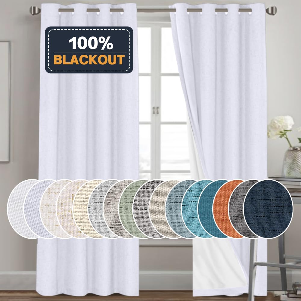 PrinceDeco Natural Linen Curtains 100% Blackout Linen Curtains for Bedroom Full Blackout Curtains 84 Inches Long Living Room Thermal Insulated Light Blocking Curtain Drapes White Backing, 2 Panels