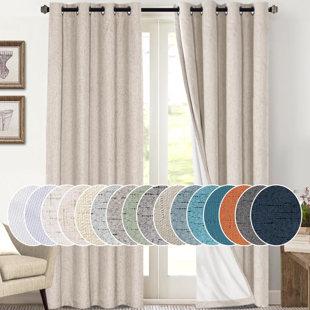 PrinceDeco Natural Linen Curtains 100% Blackout Linen Curtains for Bedroom Full Blackout Curtains 84 Inches Long Living Room Thermal Insulated Light Blocking Curtain Drapes White Backing, 2 Panels