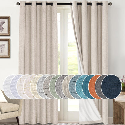 PrinceDeco Natural Linen Curtains 100% Blackout Linen Curtains for Bedroom Full Blackout Curtains 84 Inches Long Living Room Thermal Insulated Light Blocking Curtain Drapes White Backing, 2 Panels