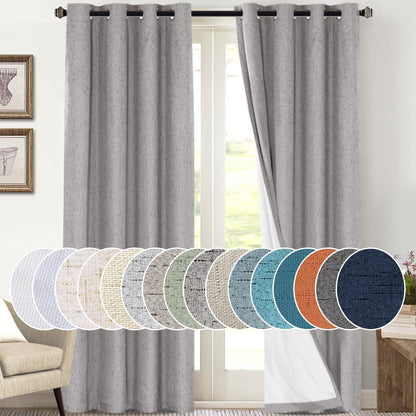 PrinceDeco Natural Linen Curtains 100% Blackout Linen Curtains for Bedroom Full Blackout Curtains 84 Inches Long Living Room Thermal Insulated Light Blocking Curtain Drapes White Backing, 2 Panels