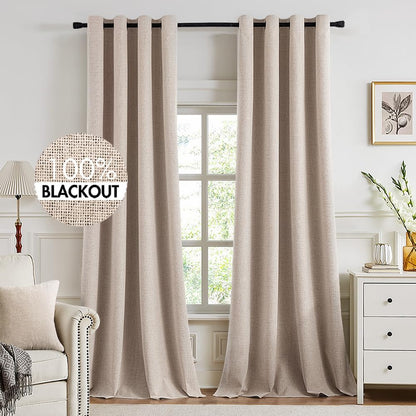 MIULEE 100% Blackout Linen Curtains for Bedroom 52x84 Inches Natural Beige