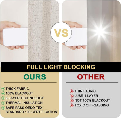 PrinceDeco Natural Linen Curtains 100% Blackout Linen Curtains for Bedroom Full Blackout Curtains 84 Inches Long Living Room Thermal Insulated Light Blocking Curtain Drapes White Backing, 2 Panels