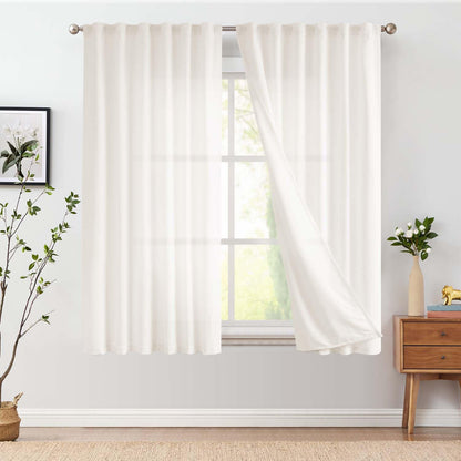 jinchan Linen Curtains Light Filtering Back Tab 50x96 Inch 2 Panels Beige