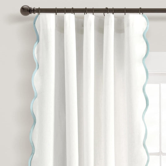 Lush Decor Coastal Chic Scalloped Edge Light Filtering Window Curtain Panels Pair, 52" W x 84" L, Blue & White - White Curtains for Living Room - Coastal Decor