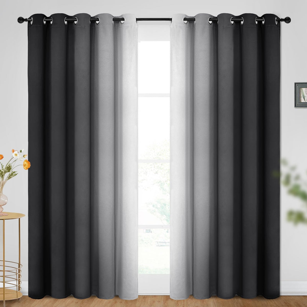 SimpleHome Ombre Black to Grey White Curtains for Living Room 52Wx84L