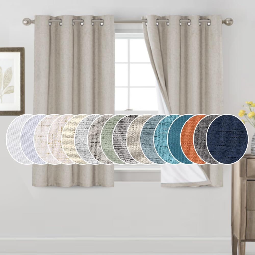 PrinceDeco Natural Linen Curtains 100% Blackout Linen Curtains for Bedroom Full Blackout Curtains 84 Inches Long Living Room Thermal Insulated Light Blocking Curtain Drapes White Backing, 2 Panels