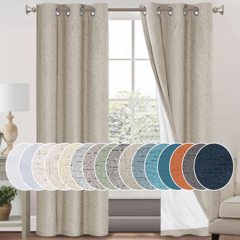 PrinceDeco Natural Linen Curtains 100% Blackout Linen Curtains for Bedroom Full Blackout Curtains 84 Inches Long Living Room Thermal Insulated Light Blocking Curtain Drapes White Backing, 2 Panels