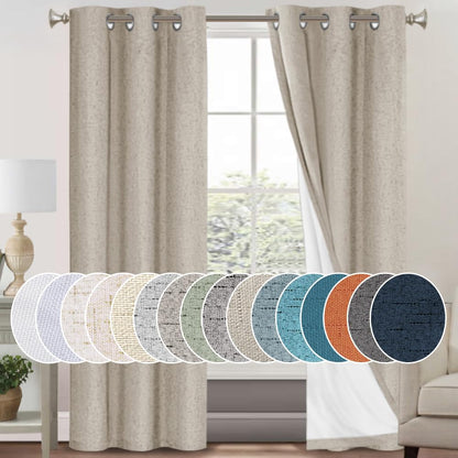 PrinceDeco Natural Linen Curtains 100% Blackout Linen Curtains for Bedroom Full Blackout Curtains 84 Inches Long Living Room Thermal Insulated Light Blocking Curtain Drapes White Backing, 2 Panels
