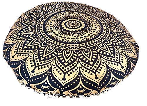 24" Black Gold Flower Mandala Barmeri Large Floor Pillow Cover Cushion Meditation Seating Ottoman Throw Cover Hippie Decorative Zipped Bohemian Pouf Ottoman Pom Pom Cases 24 " square