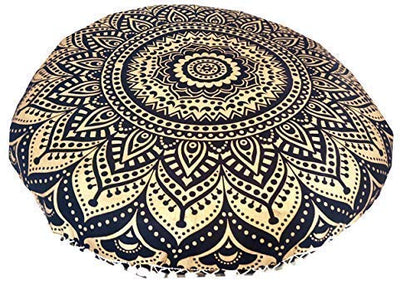 24" Black Gold Flower Mandala Barmeri Large Floor Pillow Cover Cushion Meditation Seating Ottoman Throw Cover Hippie Decorative Zipped Bohemian Pouf Ottoman Pom Pom Cases 24 " square
