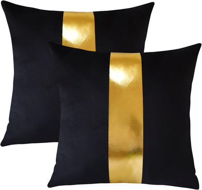 Artscope Black Velvet Throw Pillow Covers with Gold Leather Stitching Luxury Modern Minimalist Square Pillowcase Cushion Covers for Bed Couch Sofa 18x18Inch Set of 2