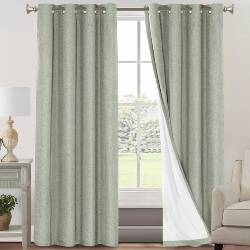 PrinceDeco Natural Linen Curtains 100% Blackout Linen Curtains for Bedroom Full Blackout Curtains 84 Inches Long Living Room Thermal Insulated Light Blocking Curtain Drapes White Backing, 2 Panels